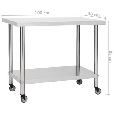 vidaXL Table de travail de cuisine avec roues 100x30x85 cm Inox