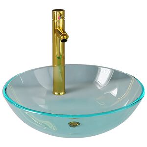 vidaXL Lavabo de bain avec robinet et drain &agrave; poussoir Verre tremp&eacute;