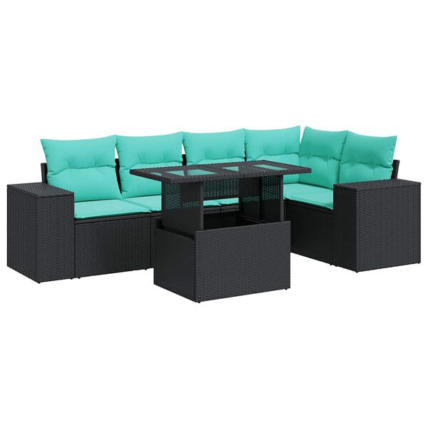 vidaXL Salon de jardin 6 pcs avec coussins noir r&eacute;sine tress&eacute;e acacia