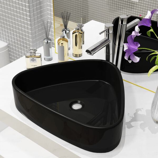vidaXL Lavabo triangulaire en c&eacute;ramique noir 50,5x41x12 cm