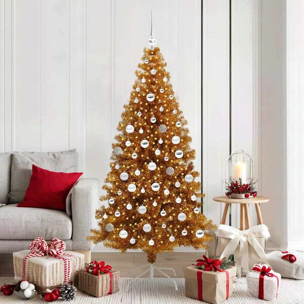 vidaXL Sapin de No&euml;l avec 300 LED avec support Dor&eacute; 180 cm PET