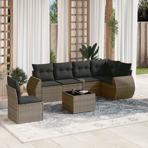 vidaXL Salon de jardin avec coussins 7 pcs gris r&eacute;sine tress&eacute;e