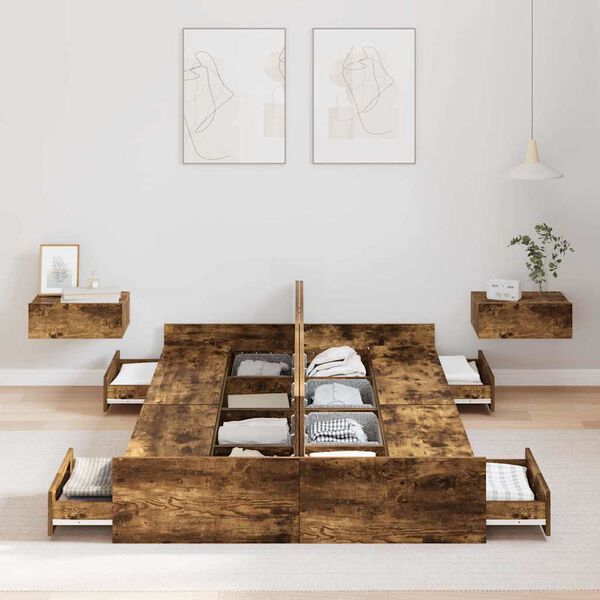 vidaXL Cadre de lit avec rangement avec tiroir Ch&ecirc;ne fum&eacute; 120 x 200 cm