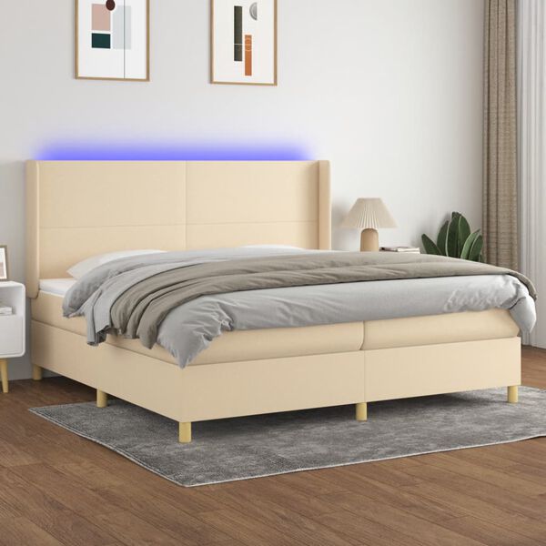 vidaXL Sommier &agrave; lattes de lit matelas et LED Cr&egrave;me 200x200 cm Tissu