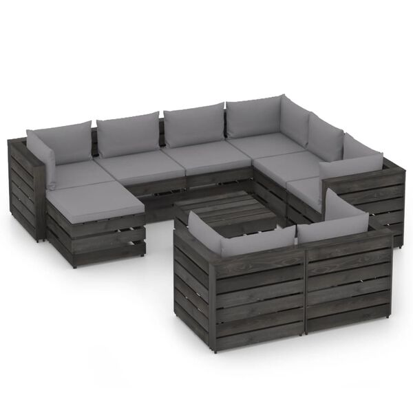 vidaXL Salon de jardin 10 pcs avec coussins Bois impr&eacute;gn&eacute; de gris