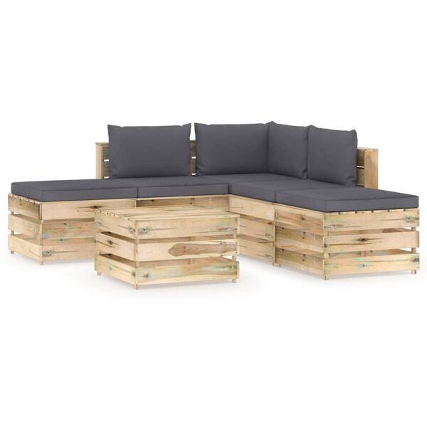 vidaXL Salon de jardin 6 pcs avec coussins Bois impr&eacute;gn&eacute; de vert