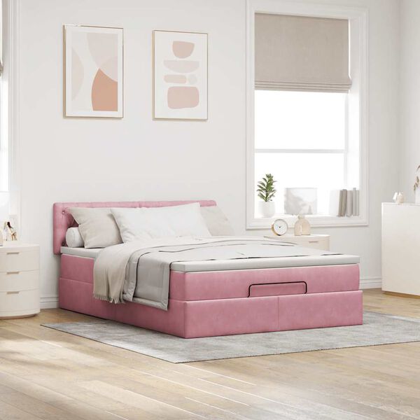 vidaXL Cadre de lit ottoman avec matelas rose 140x190 cm velours