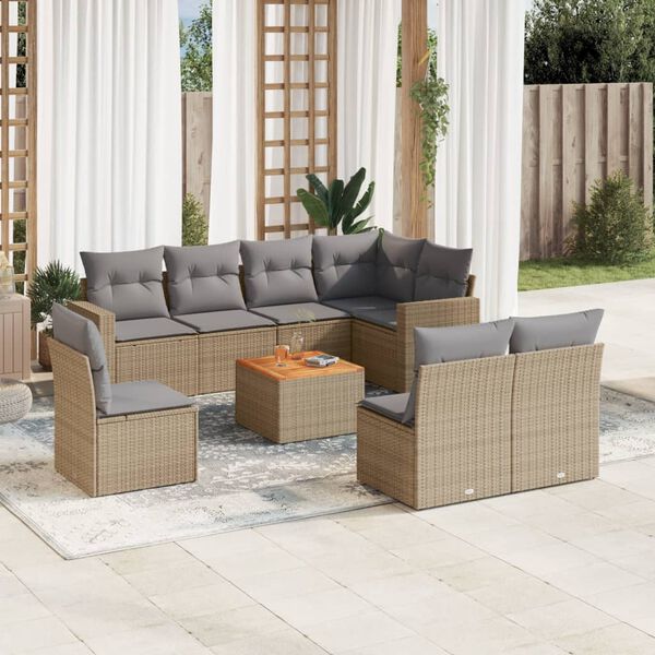 vidaXL Salon de jardin avec coussins 9pcs m&eacute;lange beige r&eacute;sine tress&eacute;e