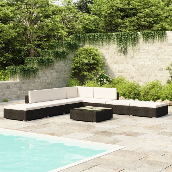 vidaXL Salon de jardin 8 pcs avec coussins r&eacute;sine tress&eacute;e noir
