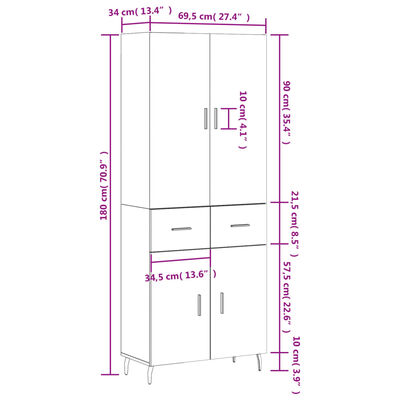 vidaXL Buffet haut Noir 69,5x34x180 cm Bois d'ingénierie