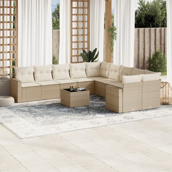 vidaXL Salon de jardin 11 pcs avec coussins beige r&eacute;sine tress&eacute;e