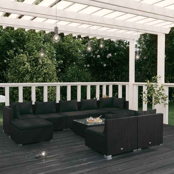 vidaXL Salon de jardin 10 pcs avec coussins Noir Résine tressée