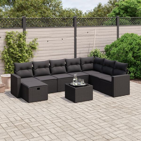 vidaXL Salon de jardin 8 pcs avec coussins noir r&eacute;sine tress&eacute;e