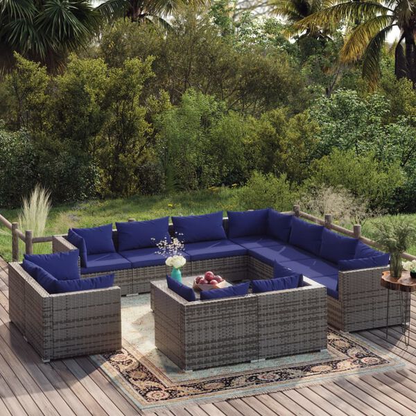 vidaXL Salon de jardin 12 pcs avec coussins Gris Résine tressée