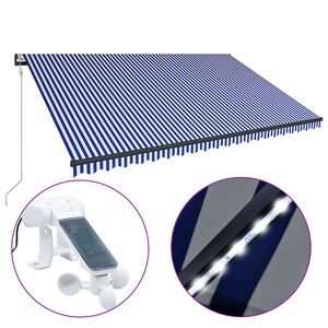 vidaXL Auvent avec capteur de vent et LED 500x300 cm Bleu et blanc