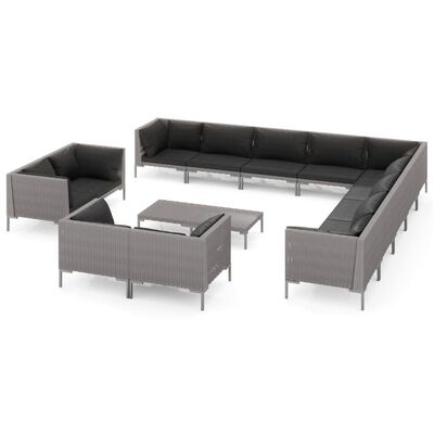 vidaXL Salon de jardin 14 pcs avec coussins Résine tressée Gris foncé