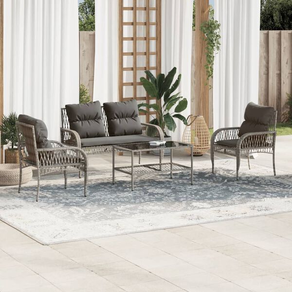 vidaXL Salon de jardin 4 pcs avec coussins gris r&eacute;sine tress&eacute;e