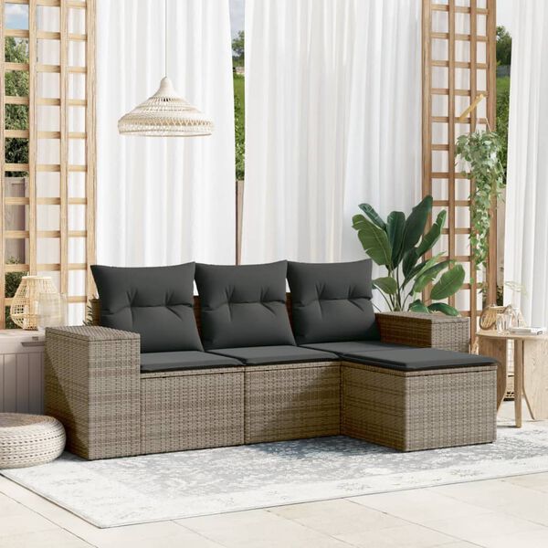 vidaXL Salon de jardin 4 pcs avec coussins gris r&eacute;sine tress&eacute;e