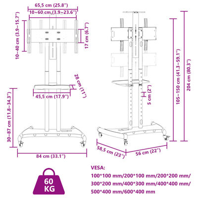 vidaXL Meuble TV sur roulettes pour écran 32-70 pouces max VESA