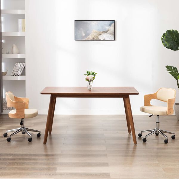 vidaXL Chaise pivotante de bureau Cr&egrave;me Bois courb&eacute; et similicuir