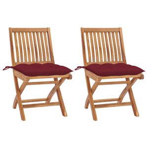 vidaXL Chaises pliantes (lot de 2) avec coussins rouge bordeaux, en teck massif