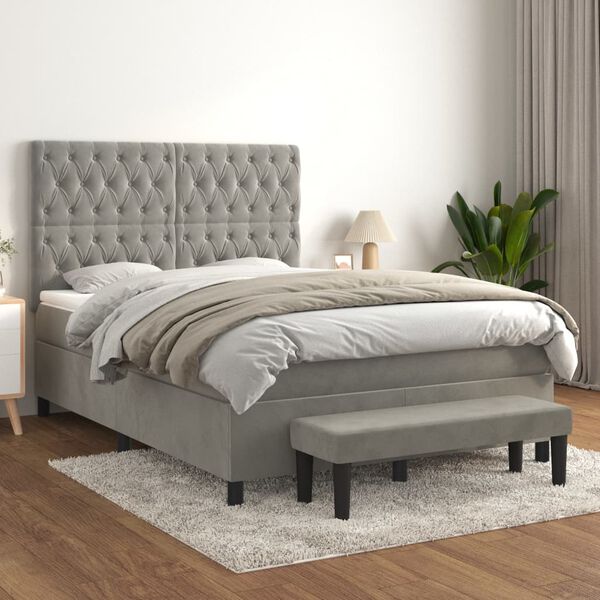 vidaXL Sommier &agrave; lattes de lit et matelas Gris clair 140x190cm Velours
