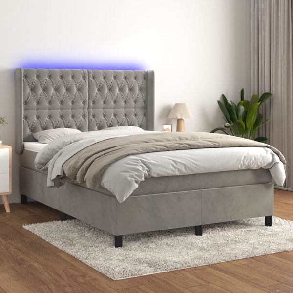 vidaXL Sommier &agrave; lattes de lit matelas et LED Gris clair 140x190 cm