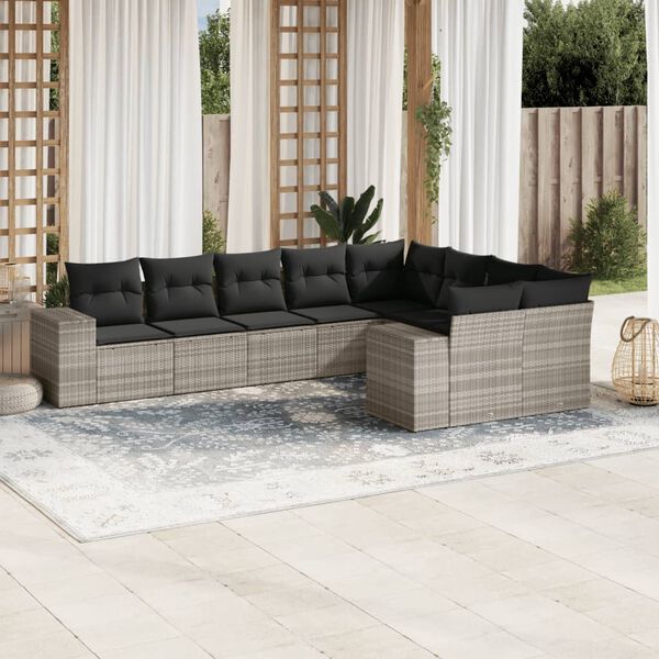 vidaXL Salon de jardin 9 pcs avec coussins gris clair r&eacute;sine tress&eacute;e