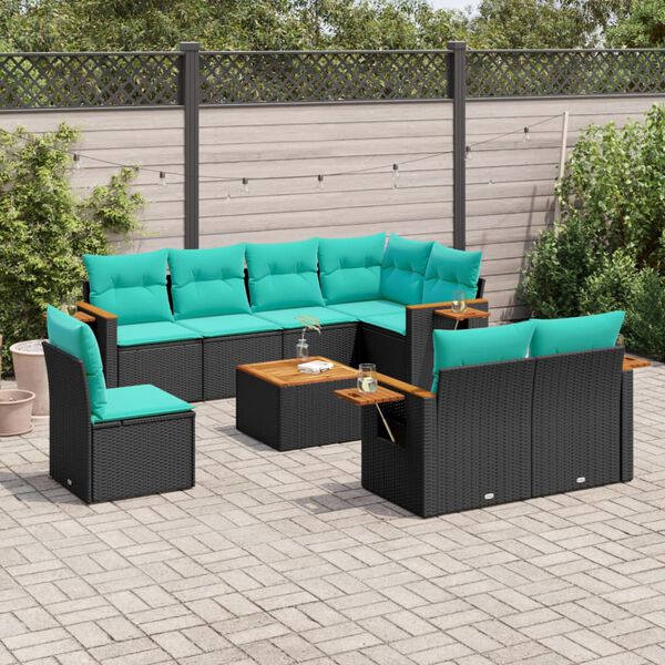 vidaXL Salon de jardin 9 pcs avec coussins noir r&eacute;sine tress&eacute;e