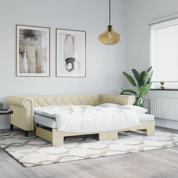 vidaXL Lit de jour avec gigogne et matelas cr&egrave;me 90x200 cm similicuir