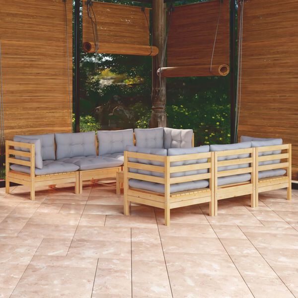 vidaXL Salon de jardin 8 pcs avec coussins gris Bois de pin massif