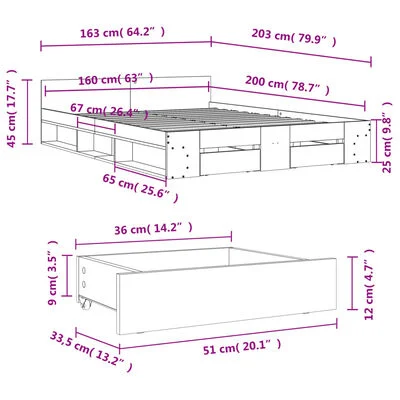 vidaXL Cadre de lit à tiroirs sonoma gris 160x200 cm bois d'ingénierie