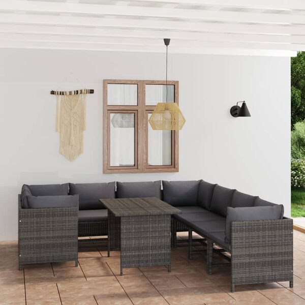 vidaXL Salon de jardin 9 pcs avec coussins R&eacute;sine tress&eacute;e Gris