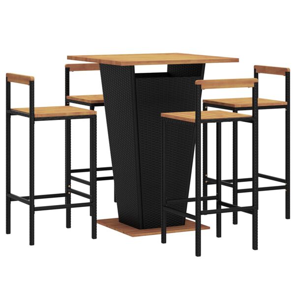 vidaXL Ensemble de bar jardin 5 pcs noir poly rotin/bois massif acacia