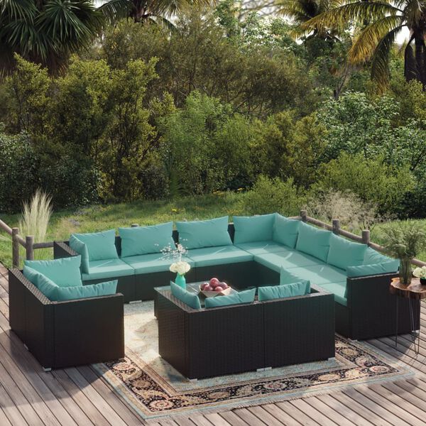vidaXL Salon de jardin 12 pcs avec coussins Noir R&eacute;sine tress&eacute;e