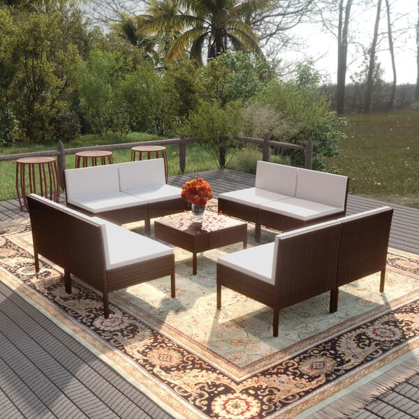 vidaXL Salon de jardin 9 pcs avec coussins r&eacute;sine tress&eacute;e marron