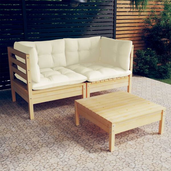 vidaXL Salon de jardin 3 pcs avec coussins cr&egrave;me bois de pin