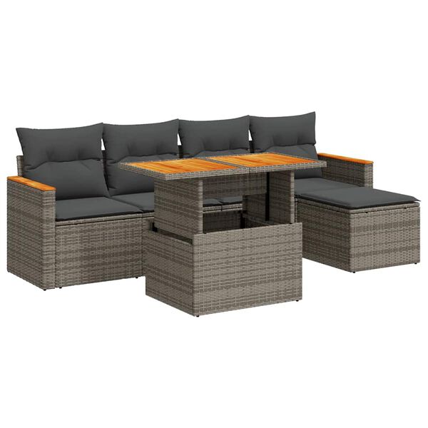 vidaXL Salon de jardin avec coussins 6 pcs gris r&eacute;sine tress&eacute;e acacia
