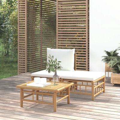 vidaXL Salon de jardin 3 pcs avec coussins blanc crème bambou
