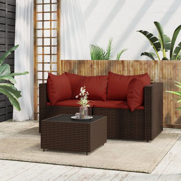 vidaXL Salon de jardin 3 pcs avec coussins marron r&eacute;sine tress&eacute;e