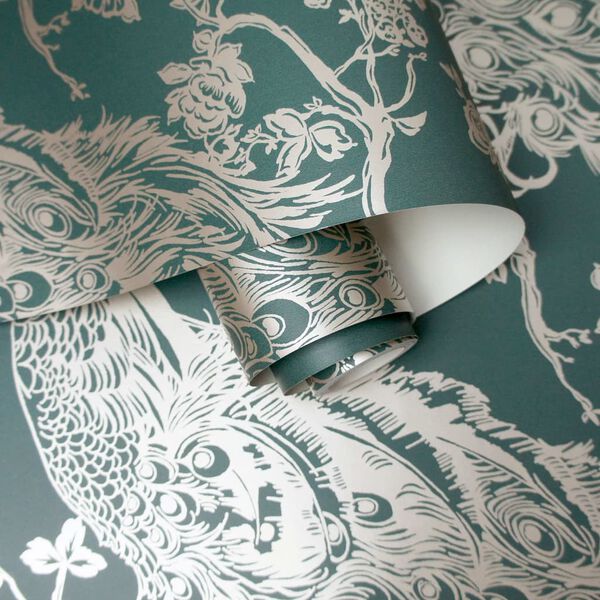 DUTCH WALLCOVERINGS Papier peint Paon Vert et argent&eacute;