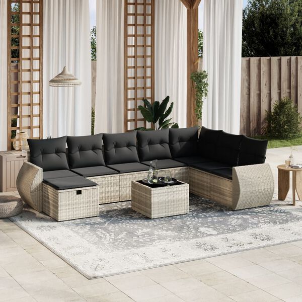 vidaXL Salon de jardin 9 pcs avec coussins gris clair r&eacute;sine tress&eacute;e