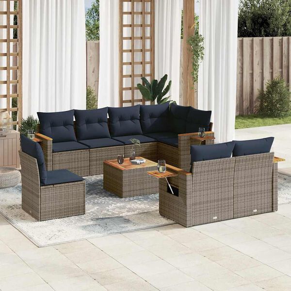 vidaXL Salon de jardin 9 pcs avec coussins gris r&eacute;sine tress&eacute;e