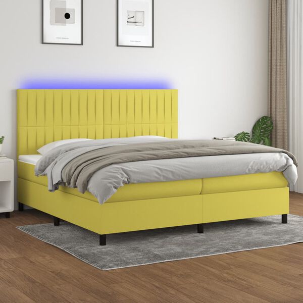 vidaXL Sommier &agrave; lattes de lit et matelas et LED Vert 200x200 cm Tissu
