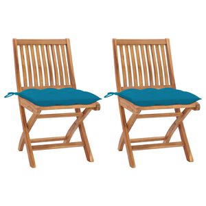 vidaXL Chaises pliantes (lot de 2) avec coussins bleu clair, en bois de teck massif