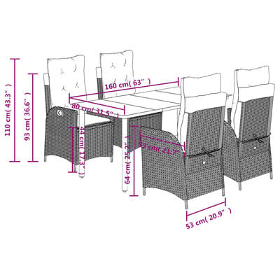 vidaXL Ensemble à manger de jardin et coussins 5 pcs gris clair rotin