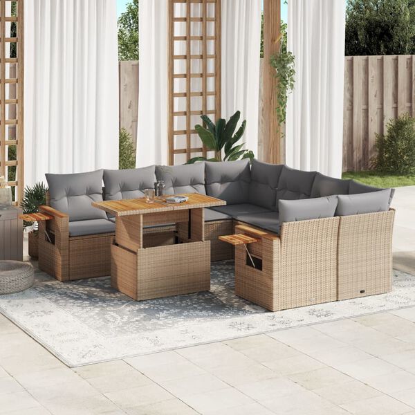 vidaXL Salon de jardin avec coussins 9 pcs beige r&eacute;sine tress&eacute;e