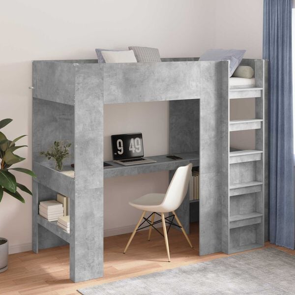 vidaXL Cadre de lit superpos&eacute; avec bureau Gris b&eacute;ton 90 x 200 cm