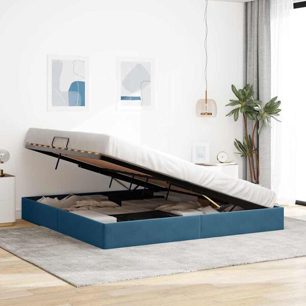 vidaXL Lit de Rangement avec matelas Bleu fonc&eacute; 200 x 200 cm Velours
