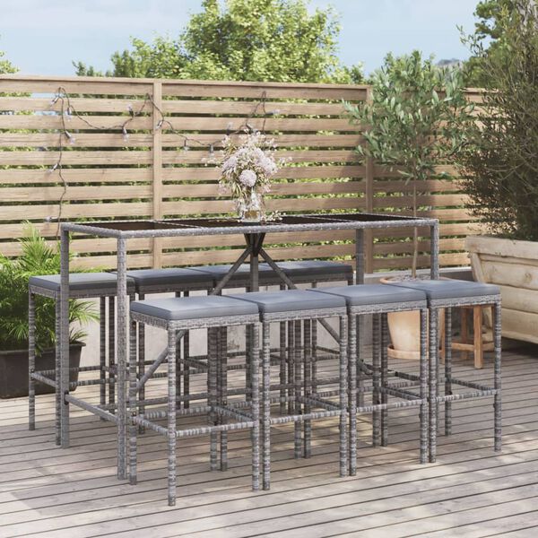 vidaXL Ensemble de bar de jardin 9 pcs avec coussins gris poly rotin